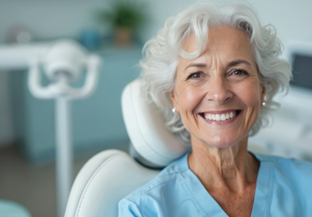 Happy, smiling senior dental patient in treatment chair