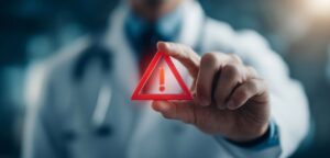 Medical professional holding warning symbol